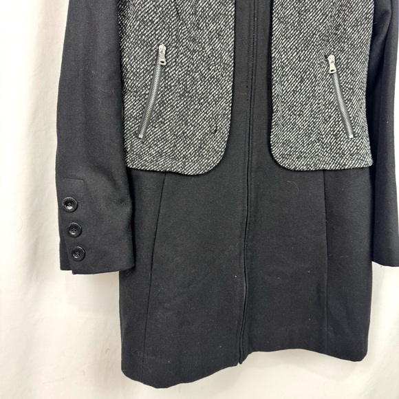 Guess Women’s Sz L Wool-Blend Tweed Moto Zip Pleated Midi Pea Coat Black / Grey - Picture 3 of 10